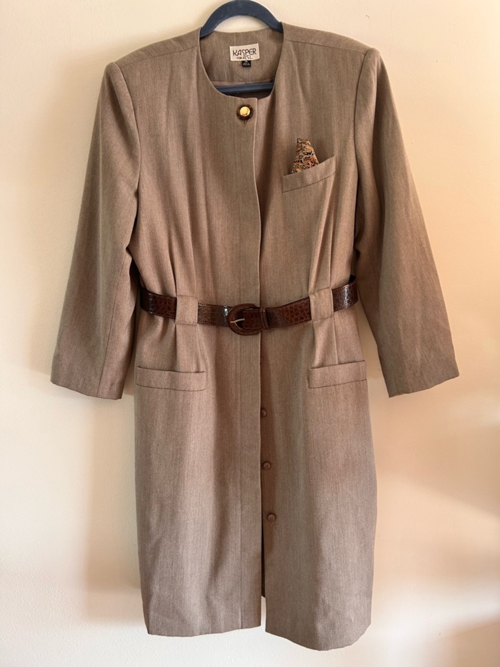 Vintage Kasper for ASL Taupe Collarless Blazer Dress with belt and pocket square